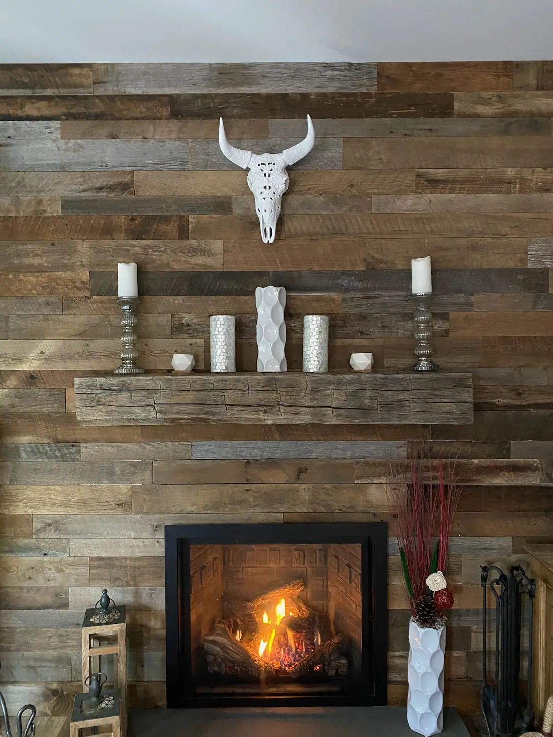 Reclaimed wood fireplace wall