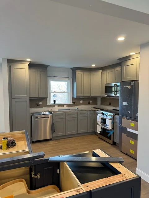 Navy island boxes set in the Mahopac kitchen