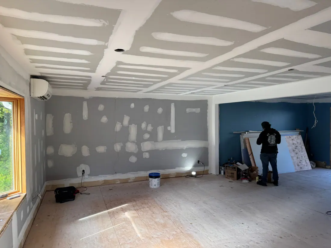 Taped and mudded ceilings in an open living space